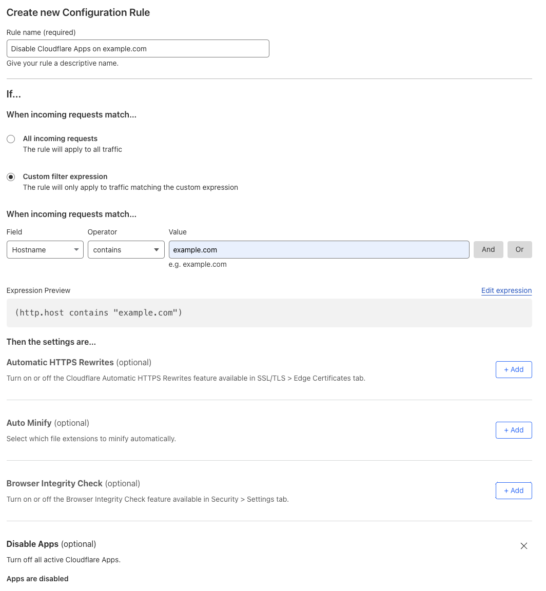 Configuration rule matching the &lsquo;Disable Apps&rsquo; setting of the example Page Rule